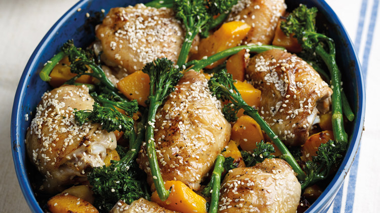 One Pan Roast Lunch With Sesame-Lemon Chicken