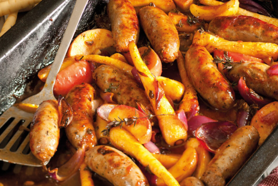 Tray Baked Sticky Sausages with Parsnips, Apples and Sage