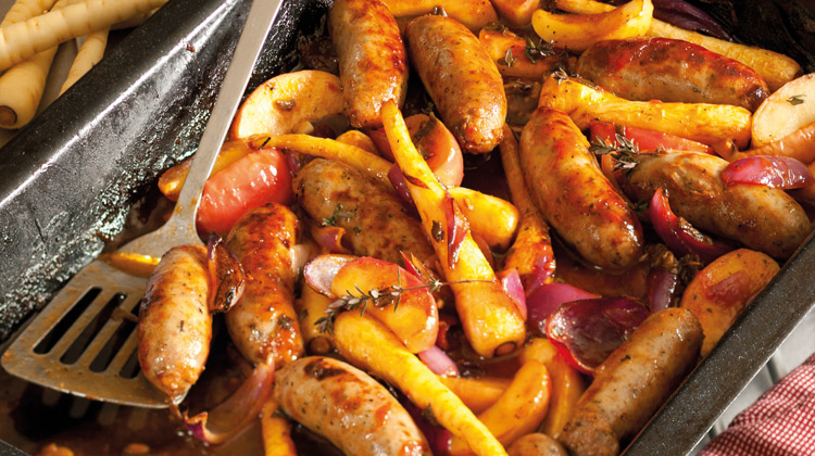 Tray Baked Sticky Sausages with Parsnips, Apples and Sage