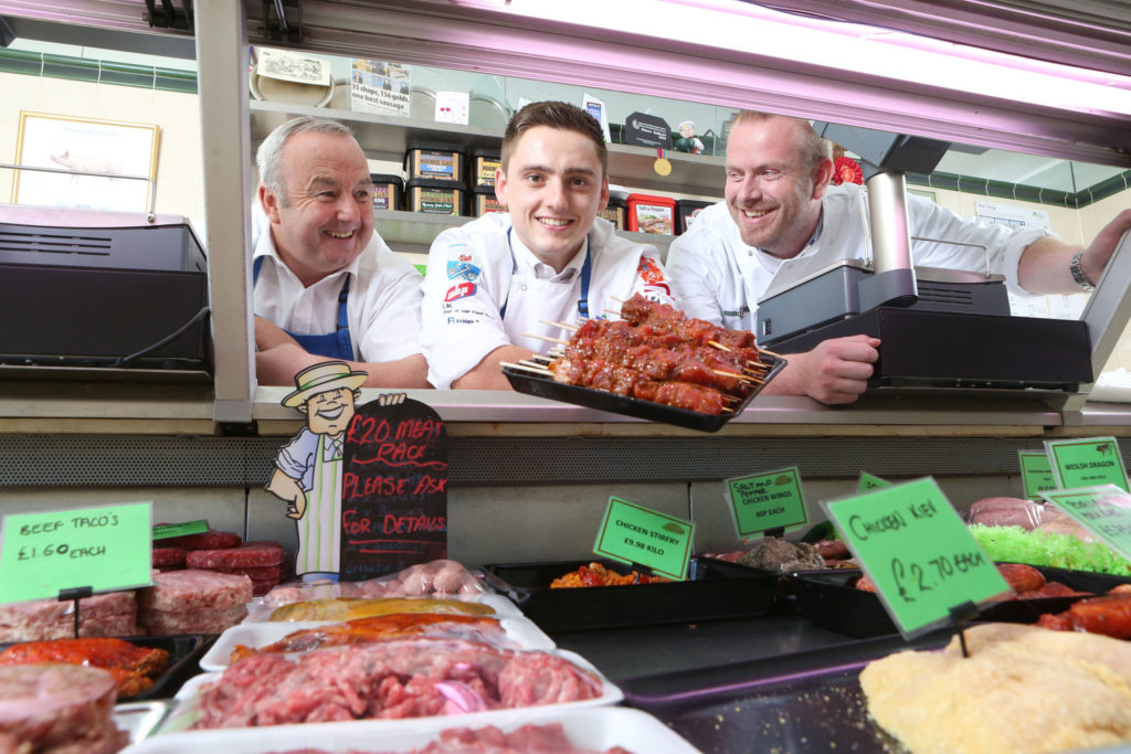 Higher Apprentice of the Year finalist, Matthew Edwards, Vaughan's Family Butchers, Penyffordd near Wrexham, with shop owner, Steve Vaughan (left) and Chris Jones of Cambrian Training, Welshpool