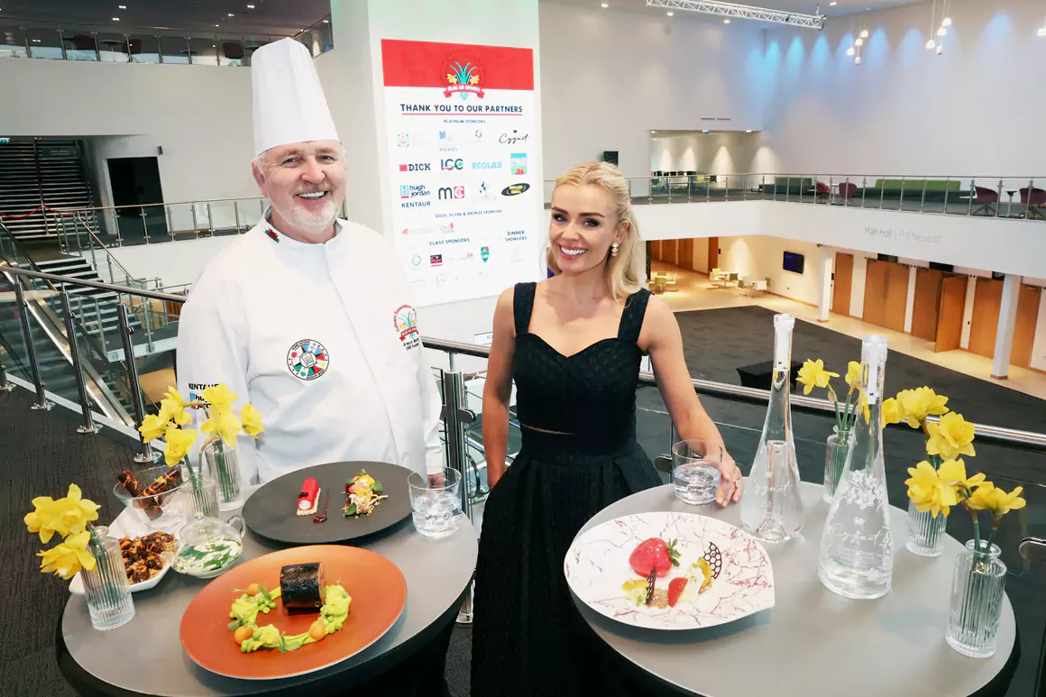 Katherine Jenkins, OBE and Culinary Association of Wales president Arwyn Watkins, OBE, announce her new ambassadorial role at ICC Wales.