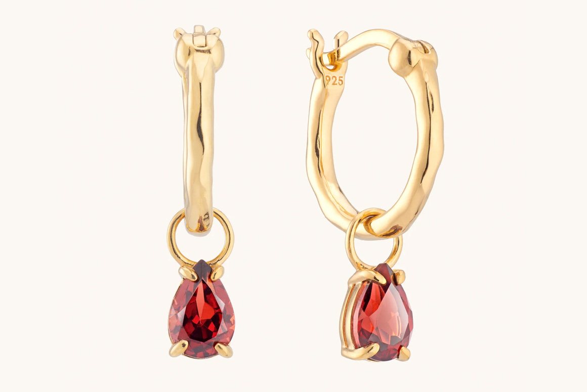 Teardrop Garnet Charm Hoops from Spells Of Love (Boxed)