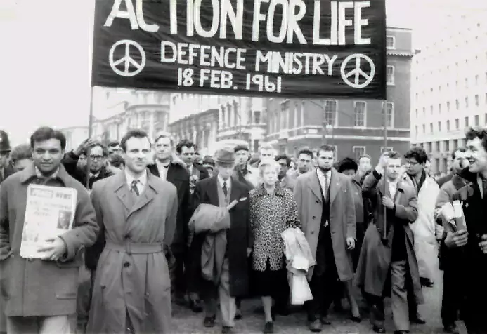 Bertrand Russell and his fourth wife, Edith, lead anti-nuclear protestors in London, February 1961
