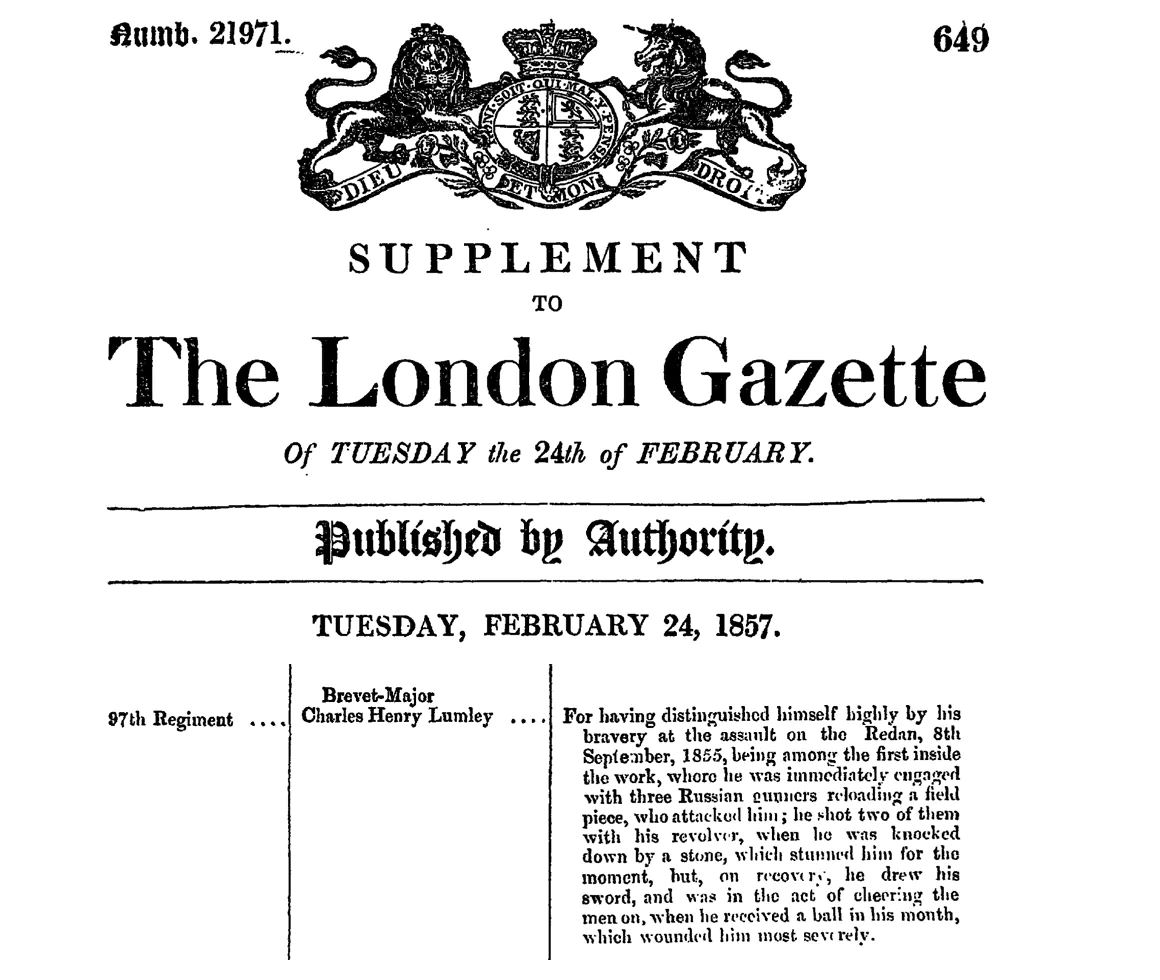 Charles Lumley Victoria Cross citation